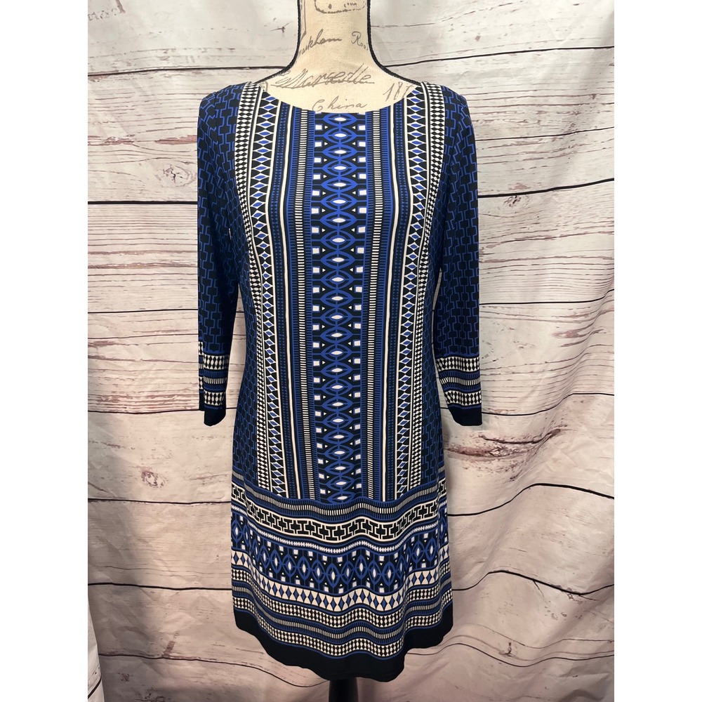 Vince Camuto Blue Geometric Print Sheath Dress Boat Neck 3/4 Sleeve Size 10